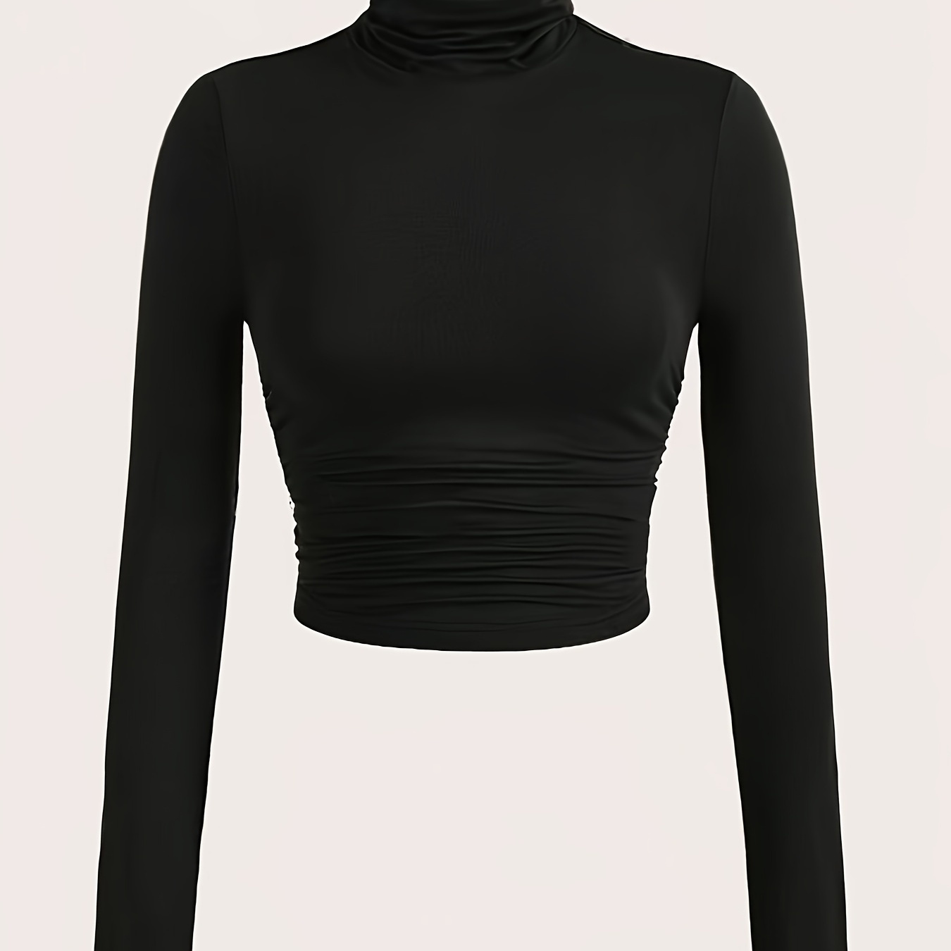 

Elegant High-neck Ruched Top For Women - Long Sleeve, Stretchy Polyester & Elastane , Machine Washable