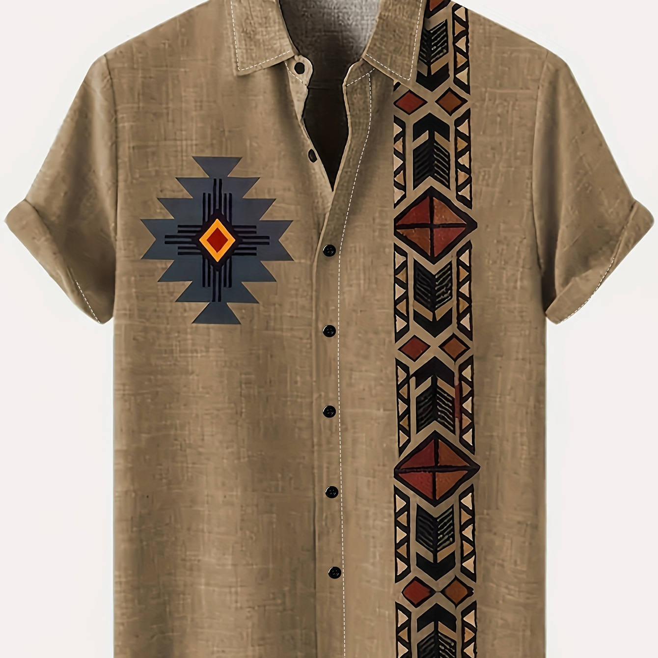 

Men's Casual Khaki Button-up Shirt With 3d Printed Tribal Patterns - Short Sleeve, Polyester, Ideal For Summer Gatherings & Festivals