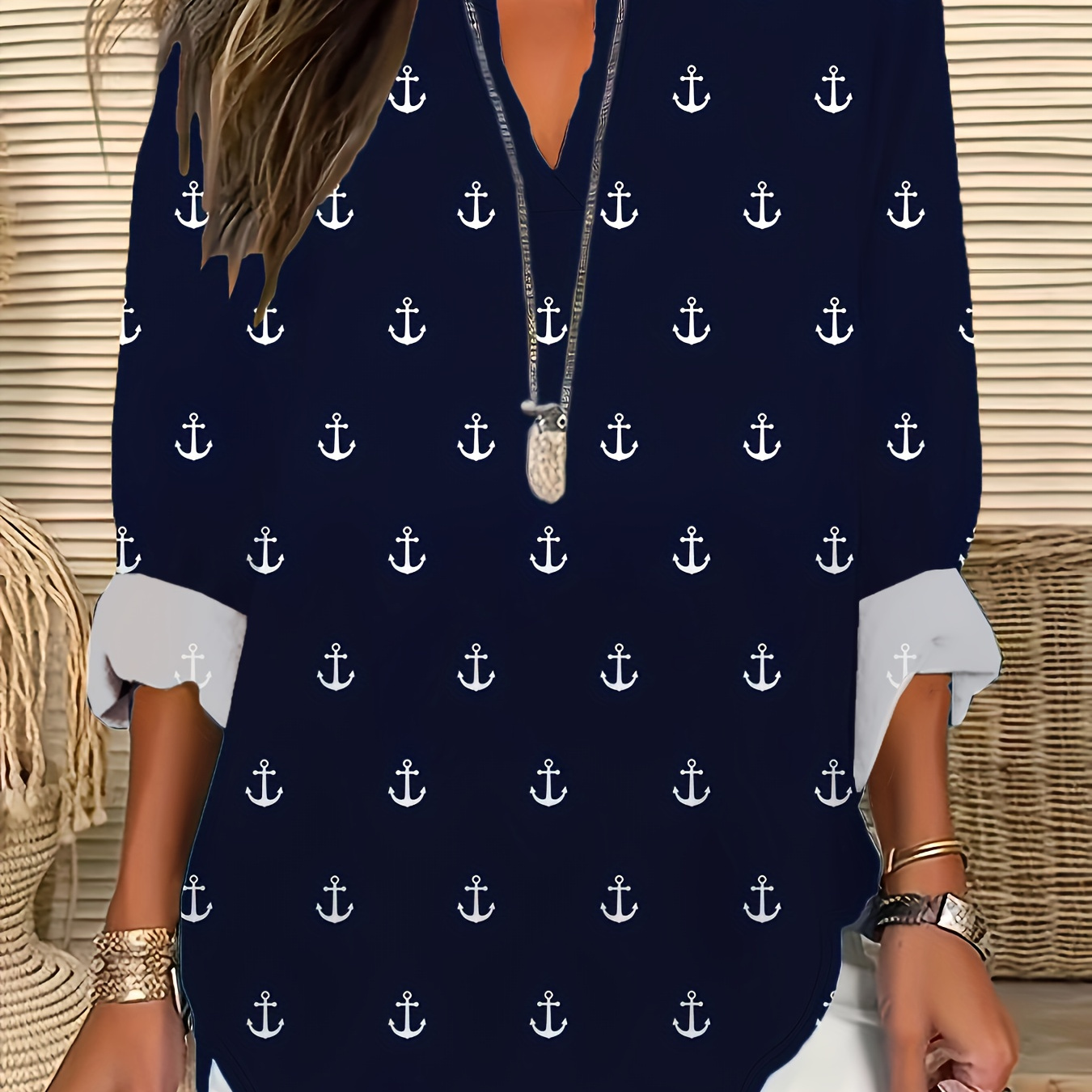 

Plus Size Anchor Print T-shirt, Casual Long Sleeve Notched Neck Top For Spring & Fall, Women's Plus Size Clothing