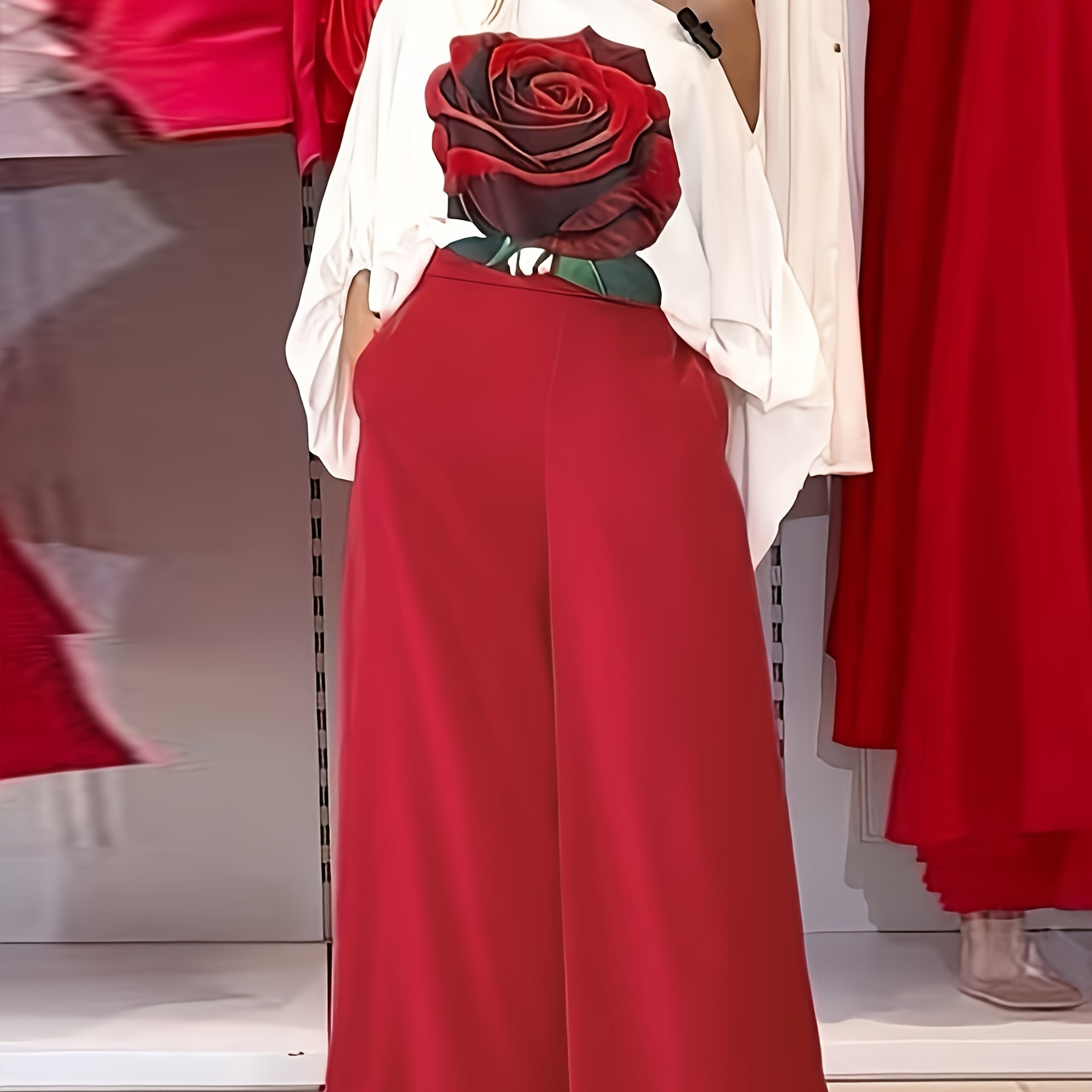 

Ensemble pantalon élégant pour , haut à une épaule à imprimé floral et pantalon large de couleur unie, tenue pour femme