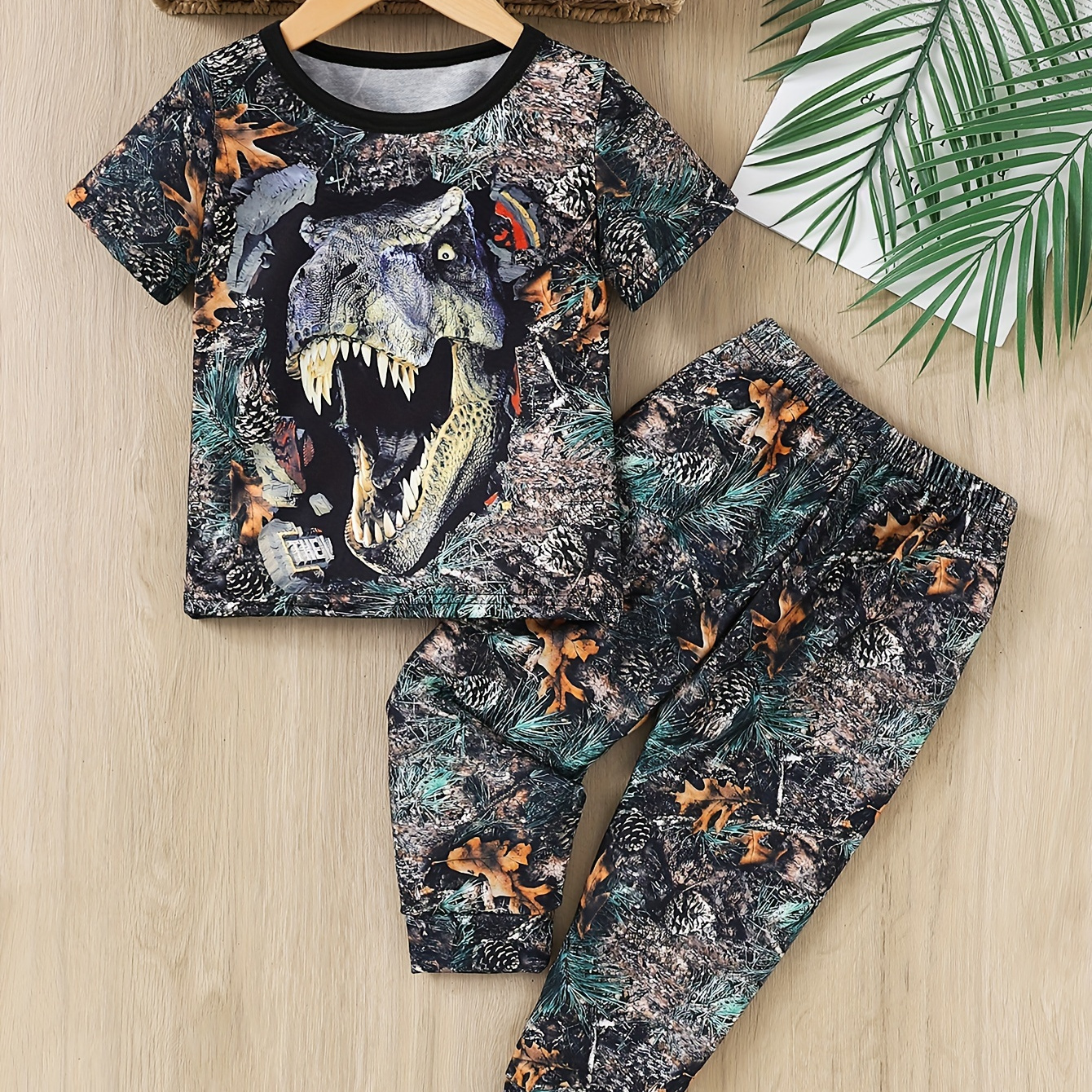 

2pcs Boys Casual Vintage Fallen Leaves Dinosaur Graphic Print Short Sleeve T-shirt & Pants Set, Comfy Boys Clothes