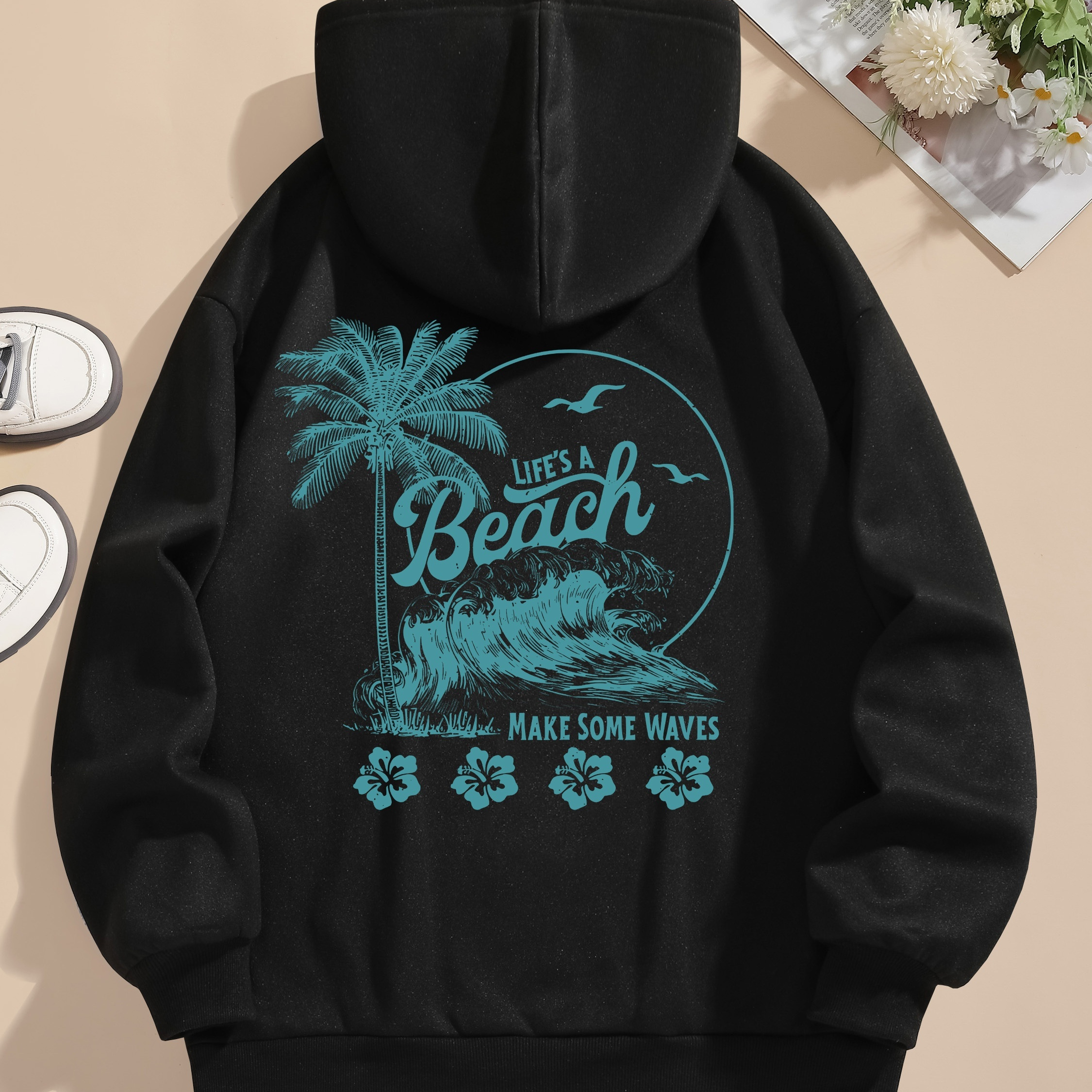 

Beach Print Hoodie, Drawstring Long Sleeve Casual Hooded Sweatshirt For Winter & Fall, Women's Clothing