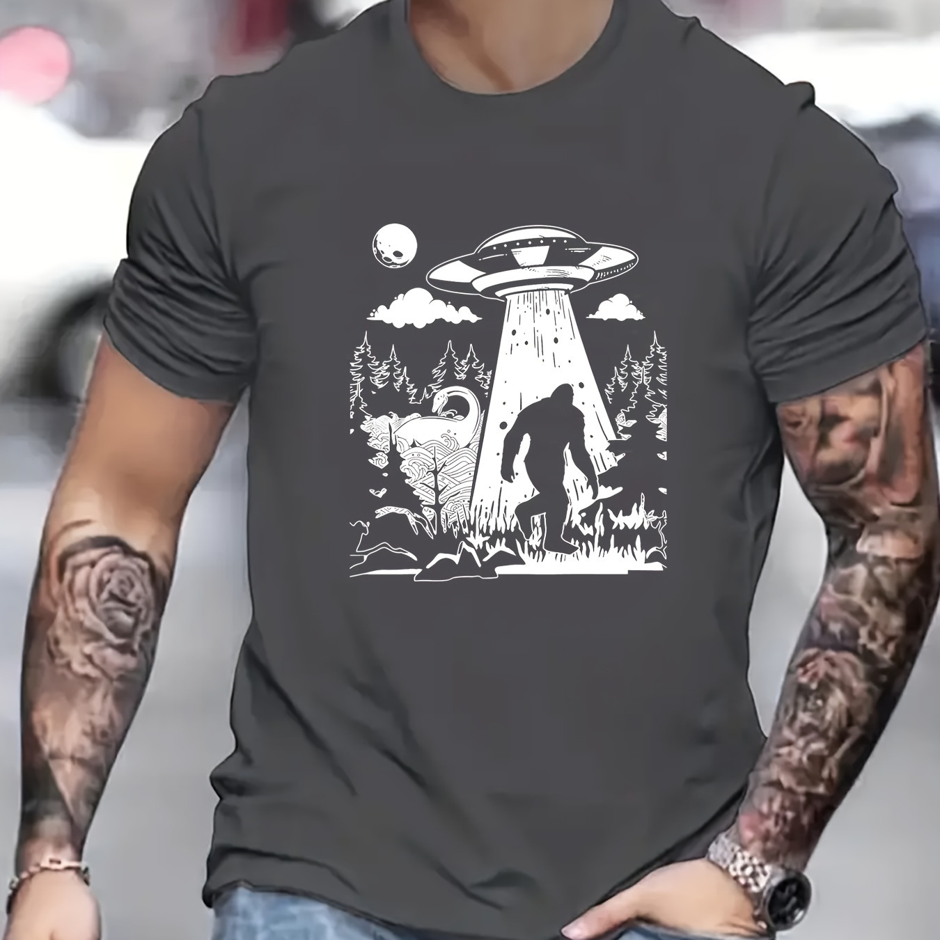 

Ufo Print Men's Casual T-shirt, Short Sleeve Tee Tops, Summer Outdoor Sports Clothing