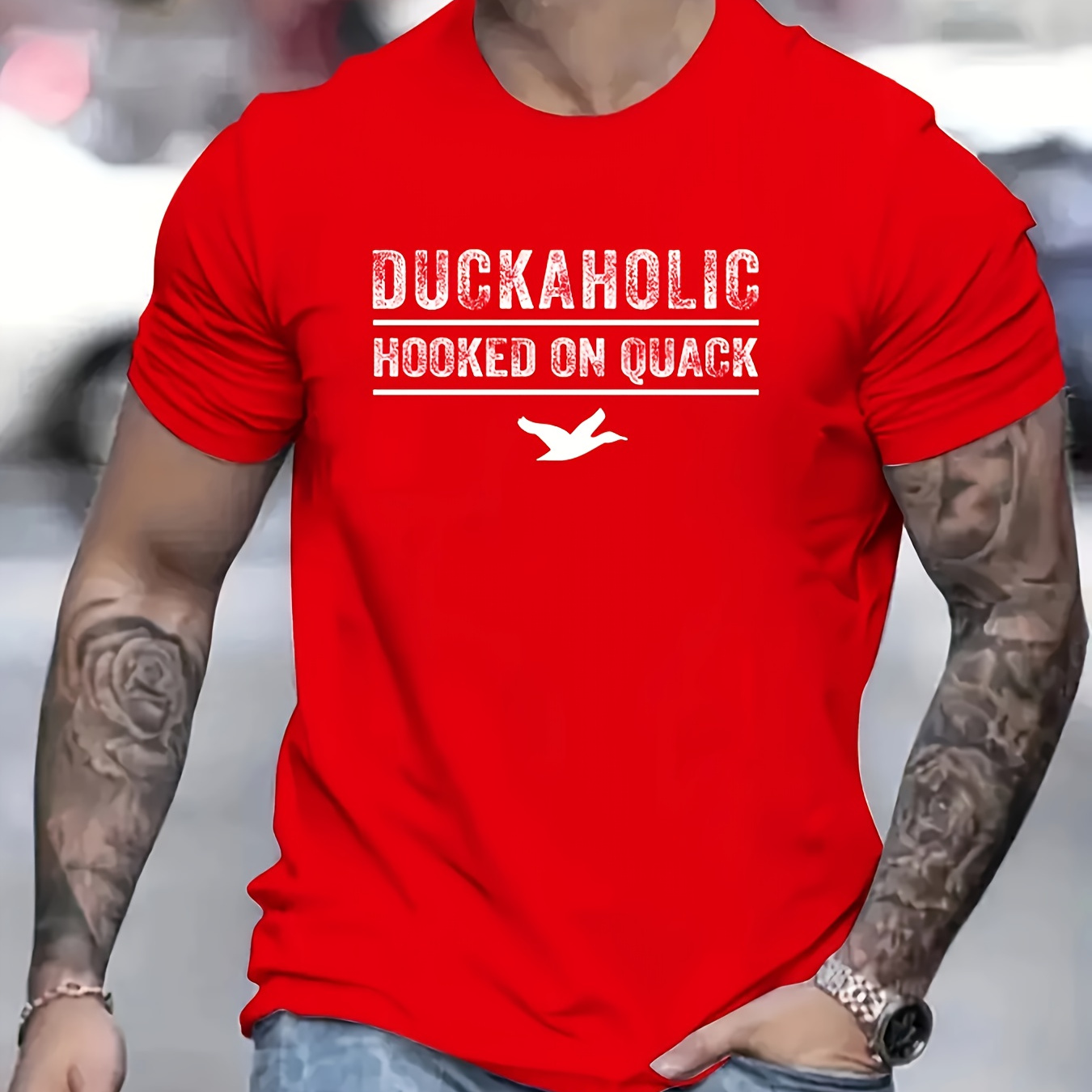 

Hooked On Quack Print T Shirt, Tees For Men, Casual Short Sleeve T-shirt For Summer