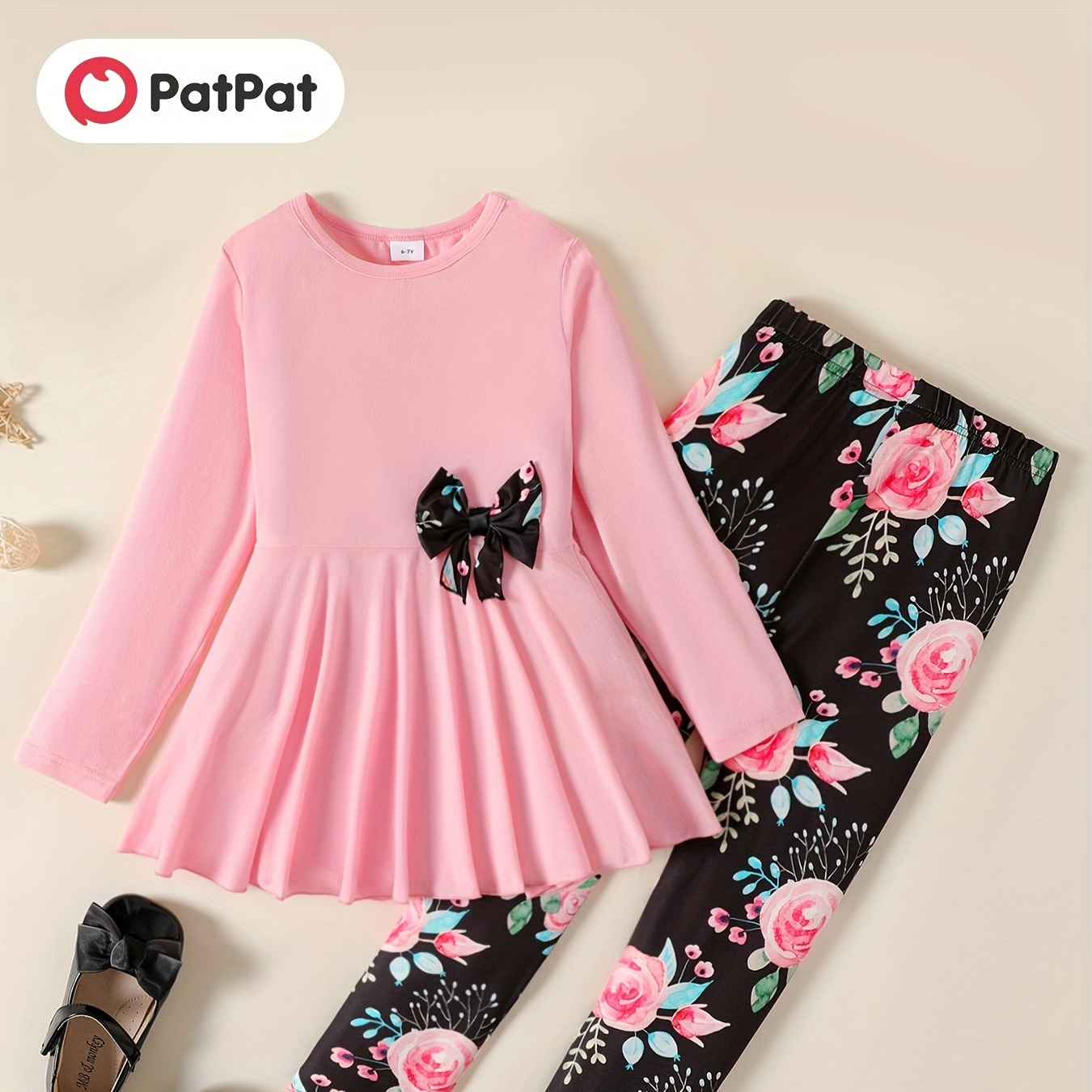 

Patpat 2pcs Kid Girl Trendy Bowknot Design Round Neck Pleated Hem Long-sleeve Tee And Floral Print Leggings Set For Spring & Autumn/fall