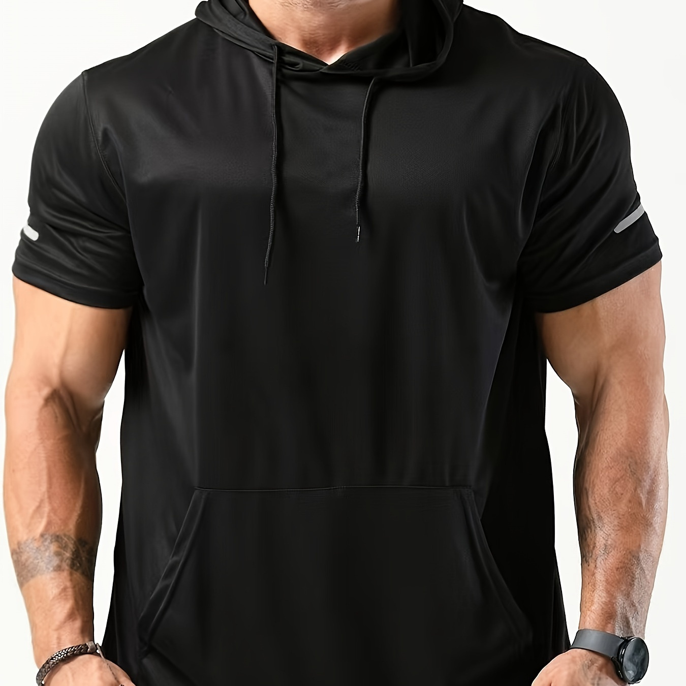 

Men's Casual Hooded T-shirt - Breathable Polyester, Drawstring, Reflective Detail, Running & Workouts