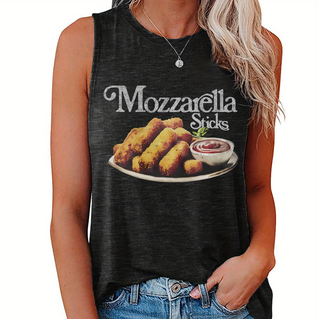 

Mozzarella Sticks Print Tank Top, Sleeveless Casual Top For Summer & Spring, Women's Clothing