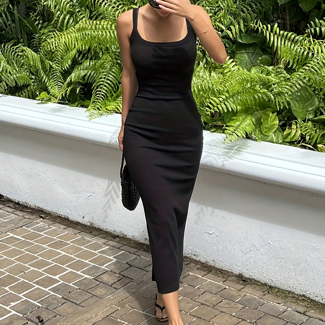 

Split Hem Slim Plain Color Dress, Y2k Sleeveless Cami Dress For Spring & Summer, Women's Clothing