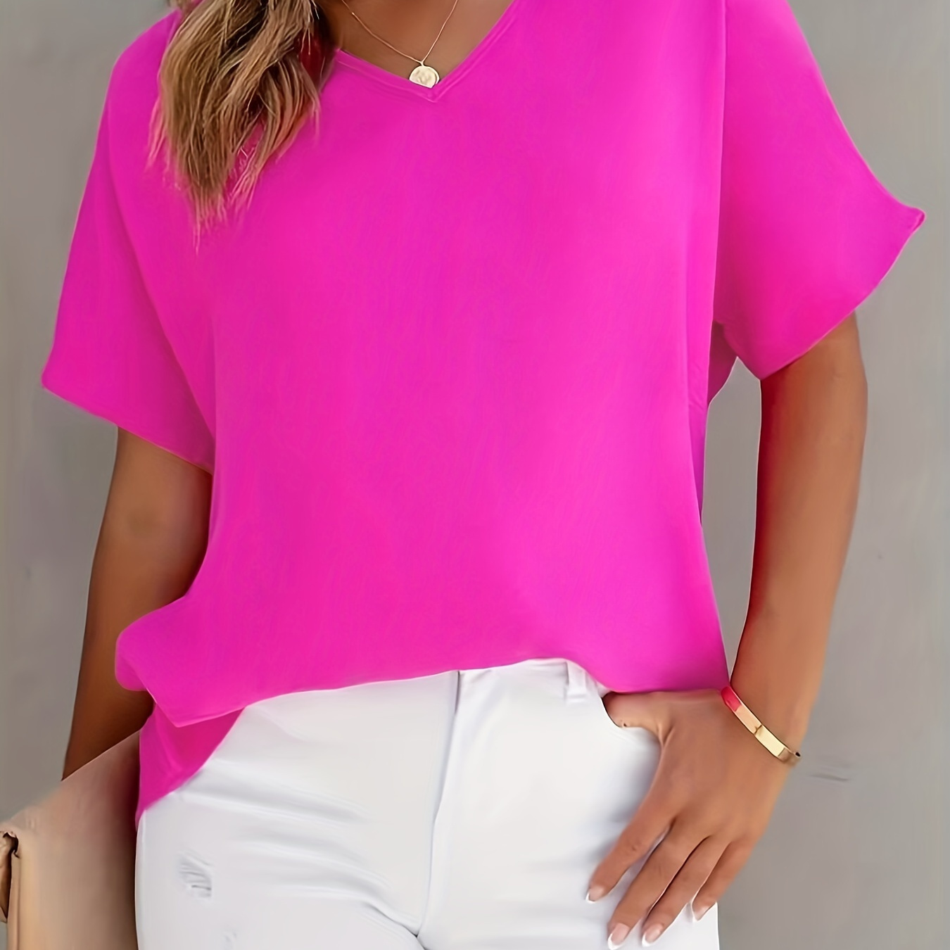 

Plus Size Solid V Neck Top, Casual Short Sleeve Top For , Women's Plus Size Clothing