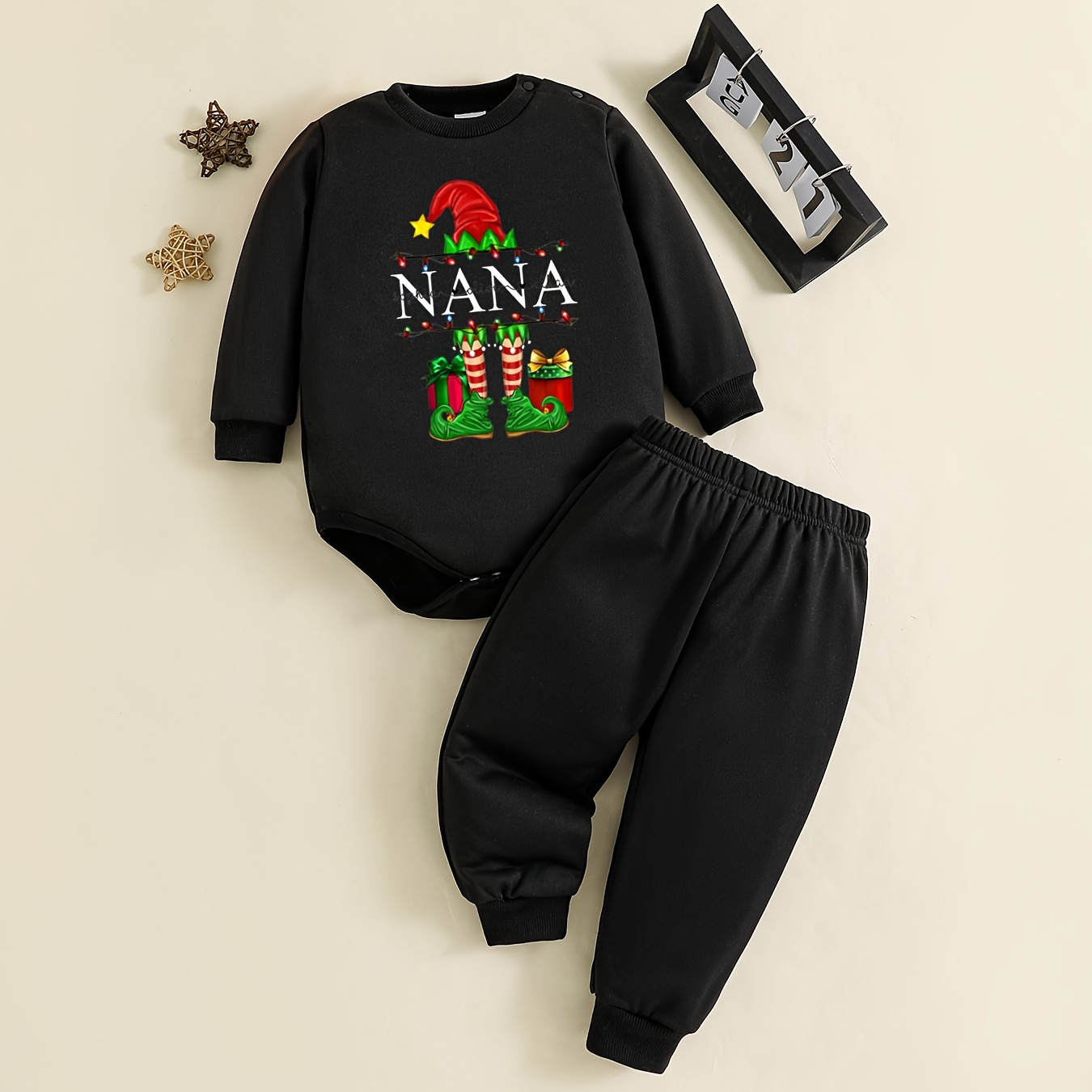 Baby Boy's Santa Elf Print Outfit Long Sleeve Bodysuit Pants - Temu Portugal