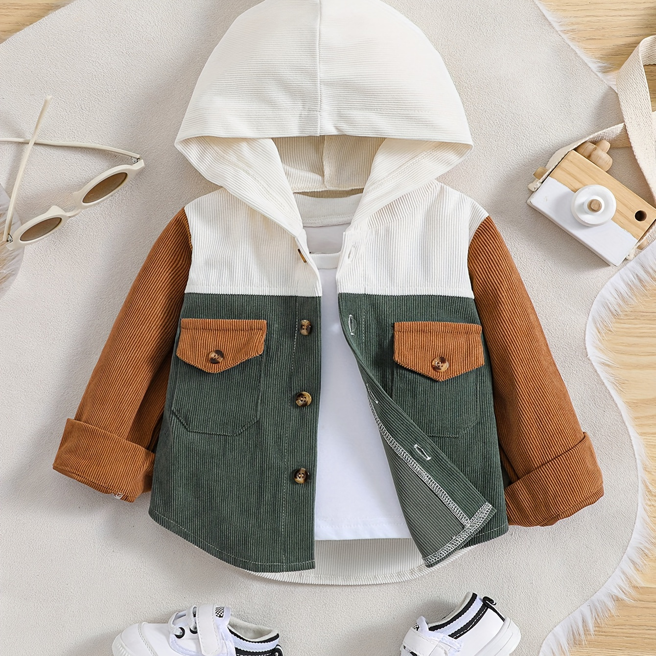 TEMU Toddler Baby Boys Stylish Color Block Hooded Jacket, Kids Casual Button Down Coat