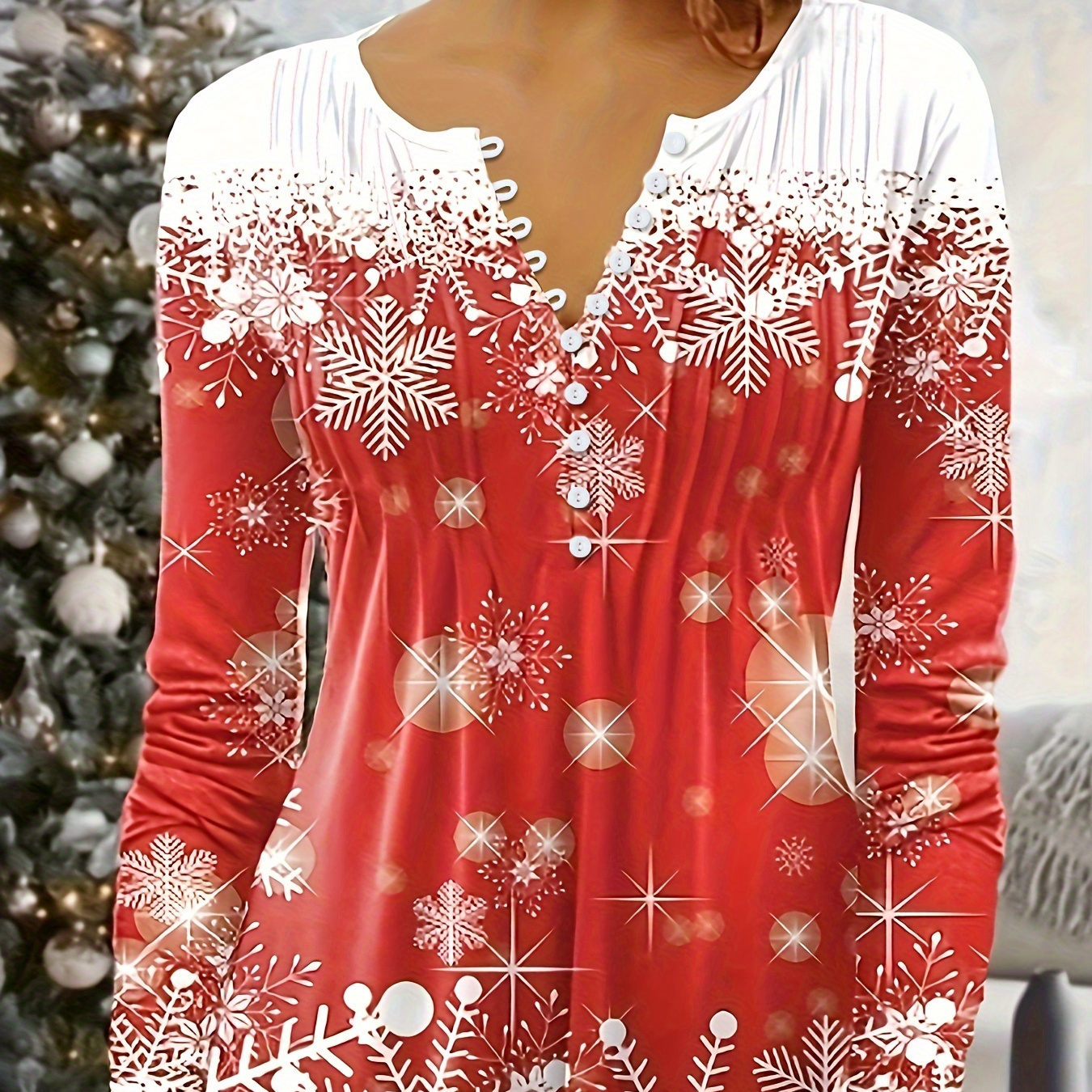 

Vintage-inspired Christmas Print V-neck Top For Women - Machine Washable, Stretch Fabric, All