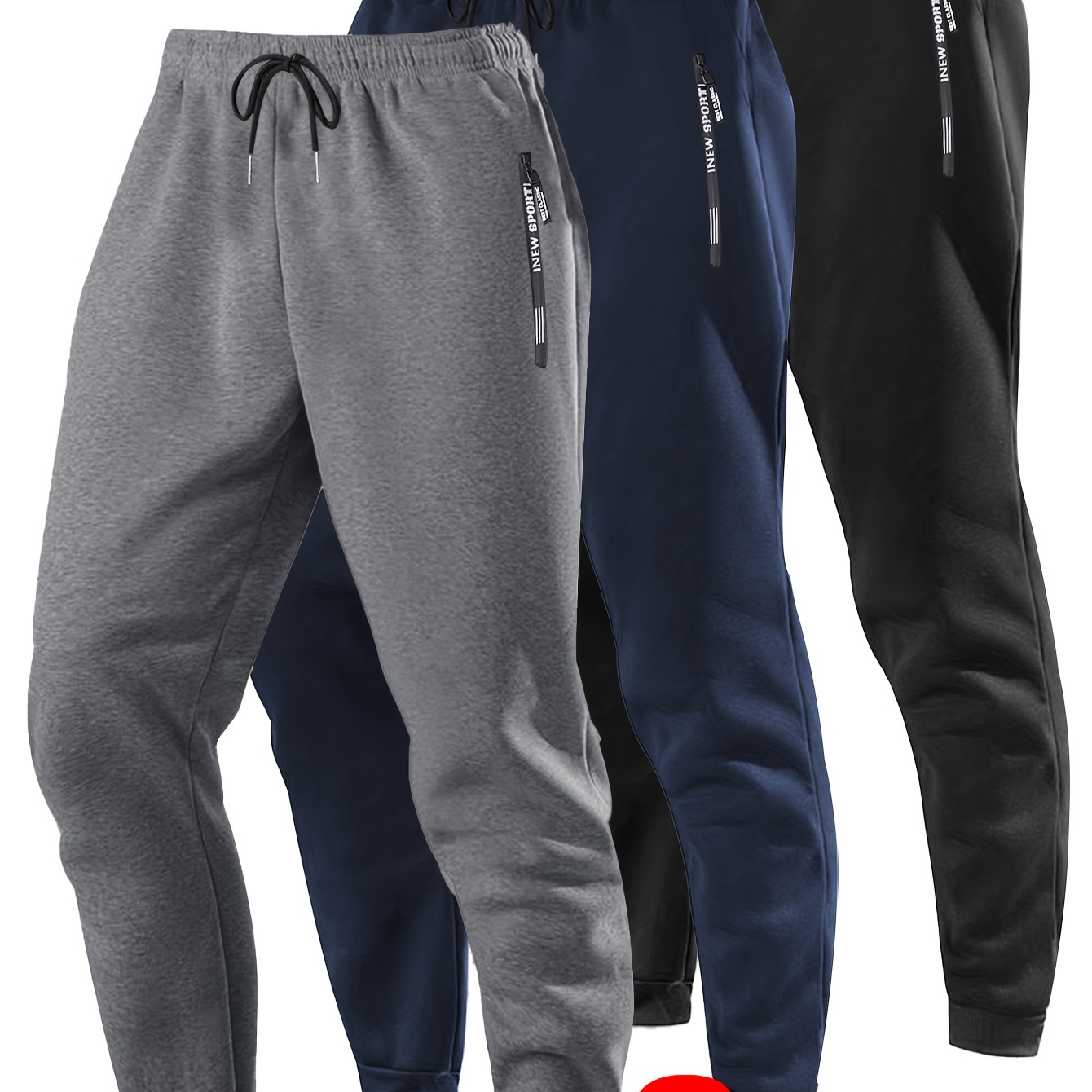 

3pcs Men's Athletic Joggers With Zippered Pockets & Drawstring Waist, Polyester-spandex , Regular Fit, , Navy , Gym & Casual Wear, Casual Wear Pants | Regular Fit Pants | Adjustable Waistband