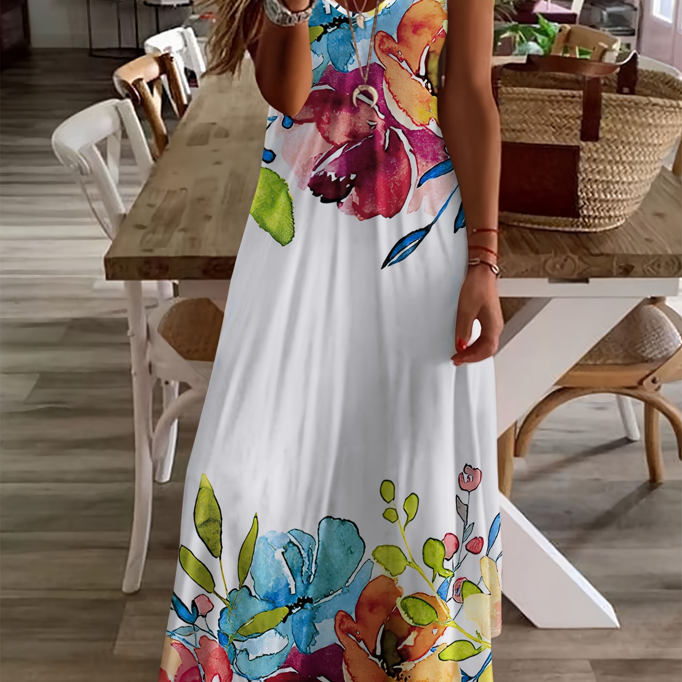 

Robe longue à imprimé floral, col en V, robe décontractée à manches courtes pour l'été et le printemps, vêtements pour femmes