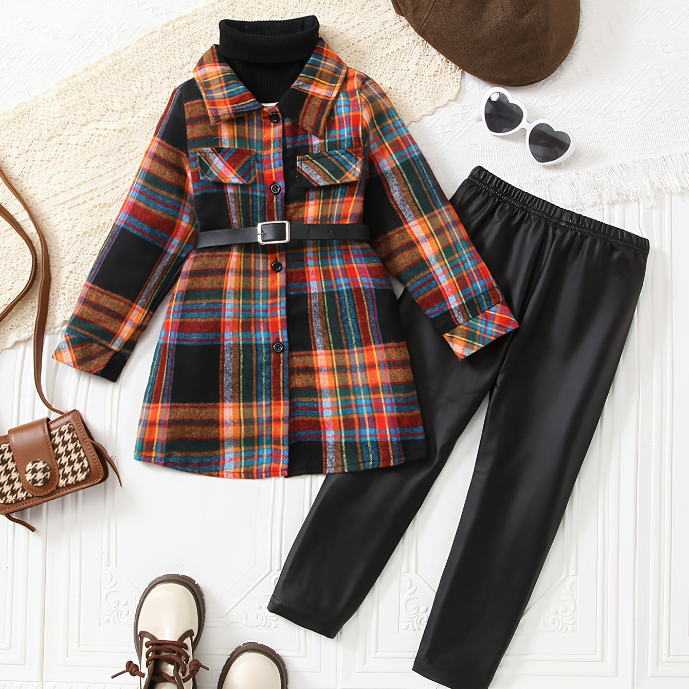 

3pcs/set Girl's Plaid Jacket Shirt + Mock Neck Pullover + Pants With Belt - Ideal For Casual Outings, Winter & Fall Clothes, As Gift