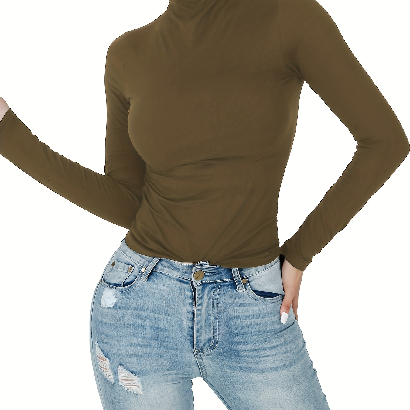 

Women's Casual High Neck Long Sleeve T-shirts, Solid Color Turtleneck Basic T Shirt, Women's Tops