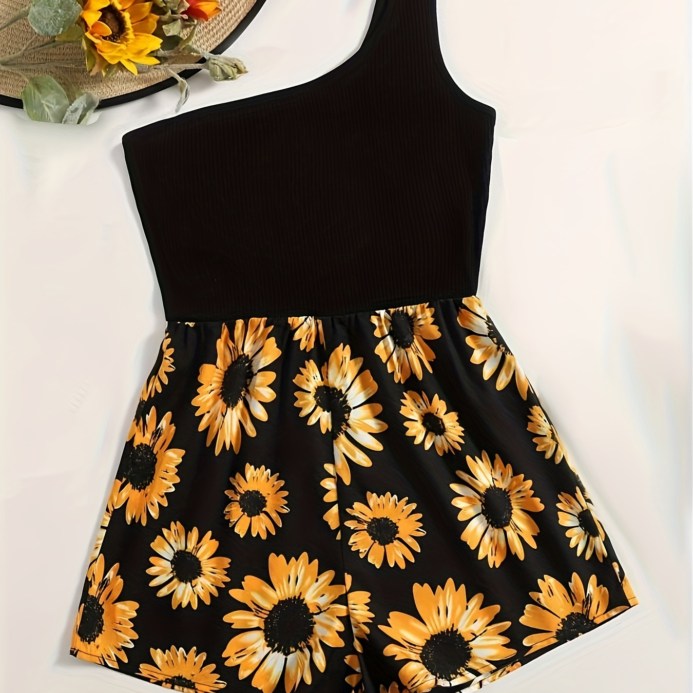

Sunflower Print 1 Shoulder Romper Jumpsuit, Casual Sleeveless Romper Jumpsuit, Women's Clothing