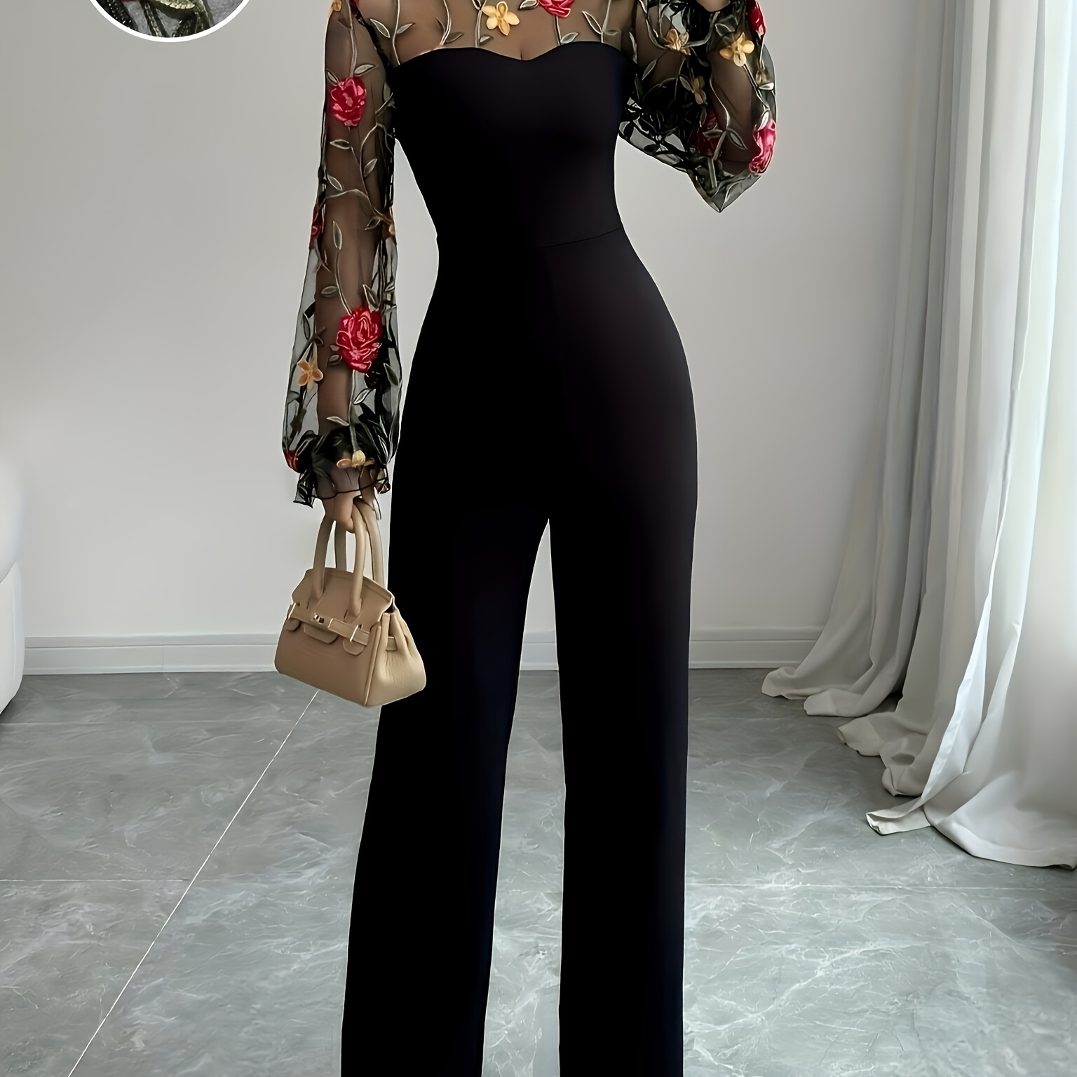 

Women's Elegant Floral Embroidery Mesh Lantern Sleeves Jumpsuit, Polyester 95% Elastane 5%, Crew Neck Knit Fabric T-shirt, Solid Color For Spring/fall Season