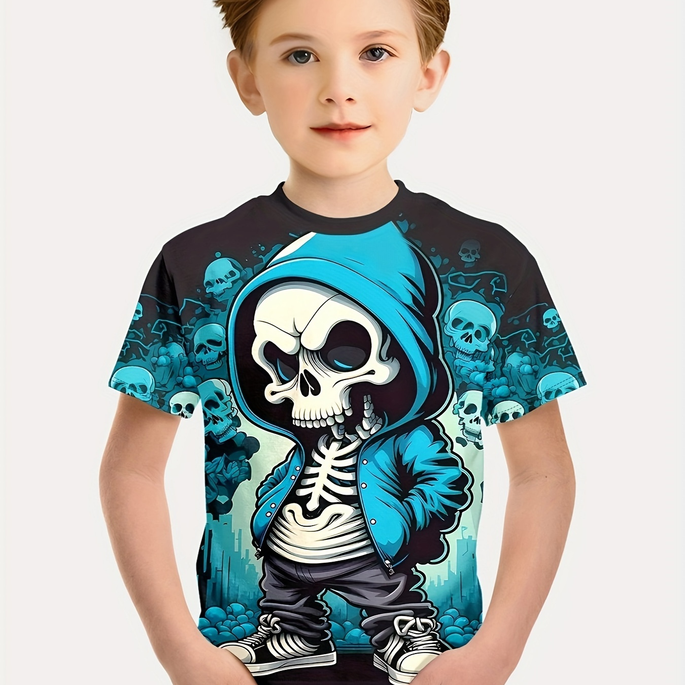 

Boys' Cool 3d Skull Print T-shirt - Lightweight, Breathable & Fit For Outdoor Fun & Sports, Summer Essential