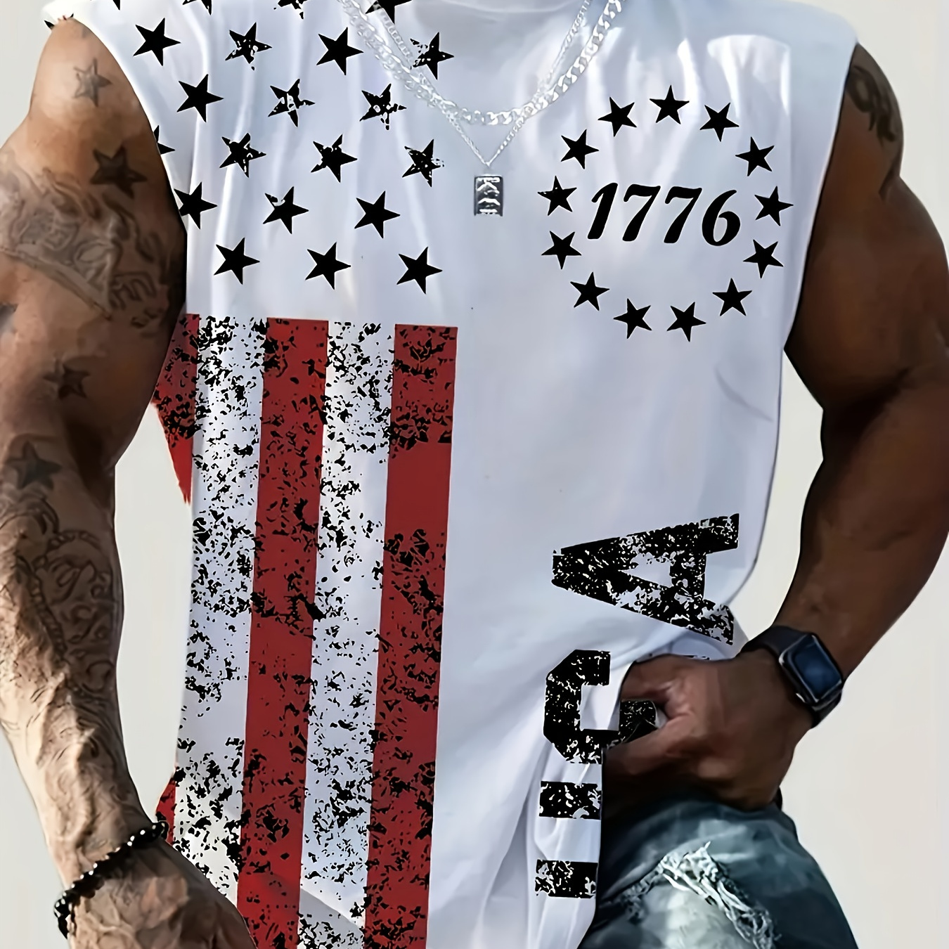 

Plus Size Men's Flag Graphic Print Casual Tank Top, Comfy Stylish Top