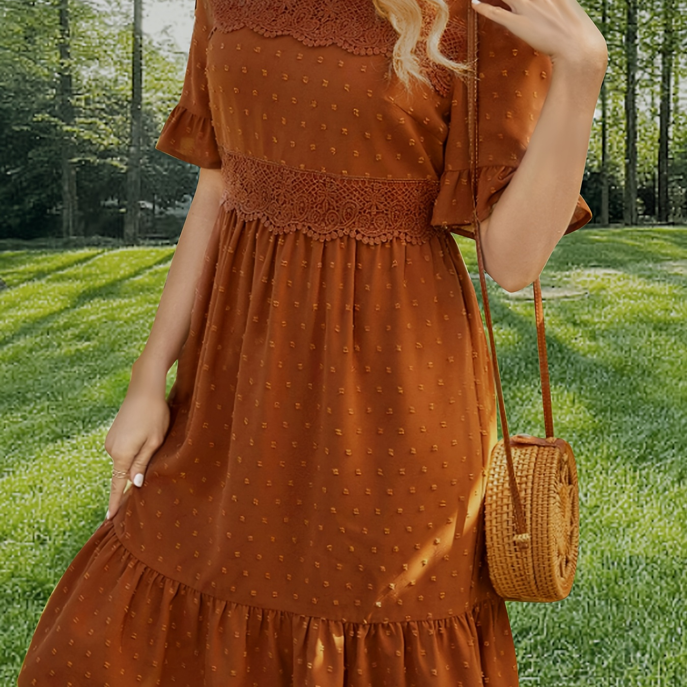 

Elegant Crew Neck Peplum Dress, Solid Color Polyester, With Lace Detail, With Pompom Trim And Ruffle Sleeves, For Spring/summer