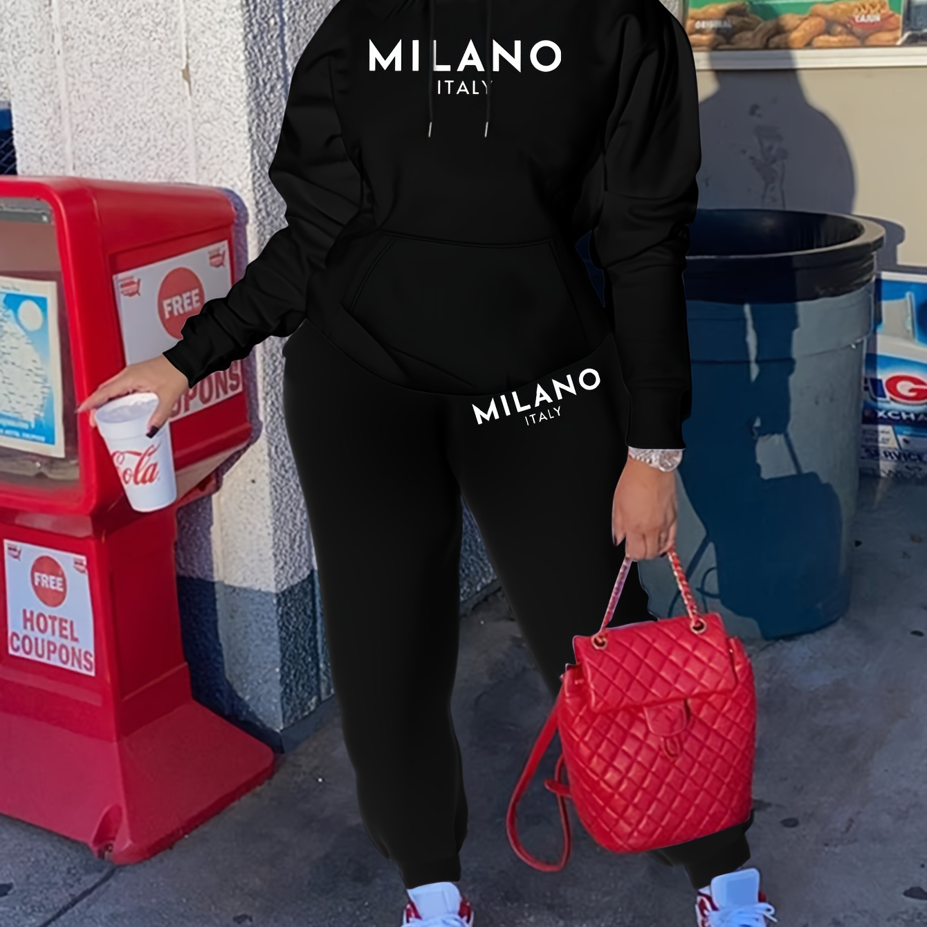 

Milano Print 2 Piece Set, Drawstring Kangaroo Pocket Hoodie & Elastic Waist Fitted Bottom Pants, Women's Clothing