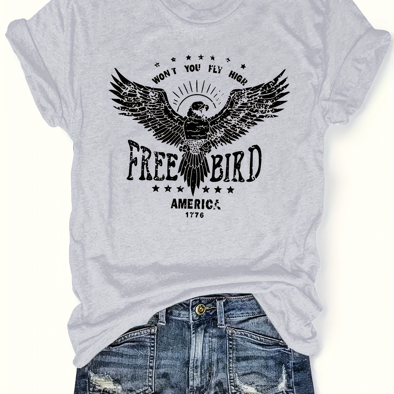 

Free Bird Patriotic Graphic Print Tee, Casual Crew Neck Short Sleeve Polyester Knit T-shirt For Women With Animal Motif - 1776 Design