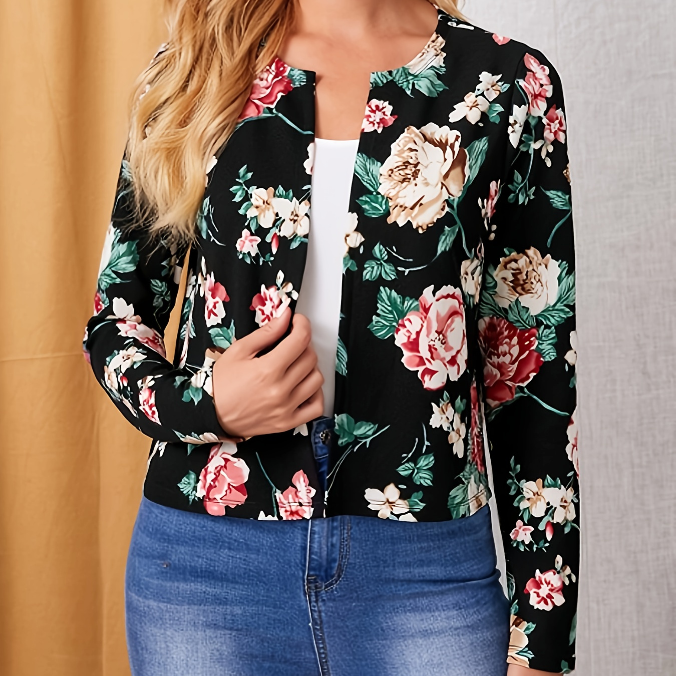 

Floral Print Open Front Jacket, Elegant Long Sleeve Jacket For Spring & Fall, Women's Clothing