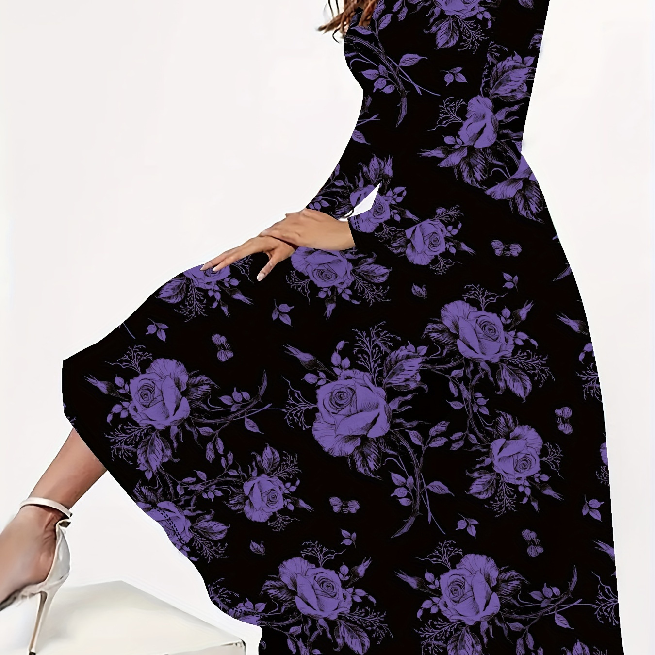 

Plus Size Floral Print Dress, Elegant Crew Neck Long Sleeve Dress For Spring & Fall, Women's Plus Size Clothing