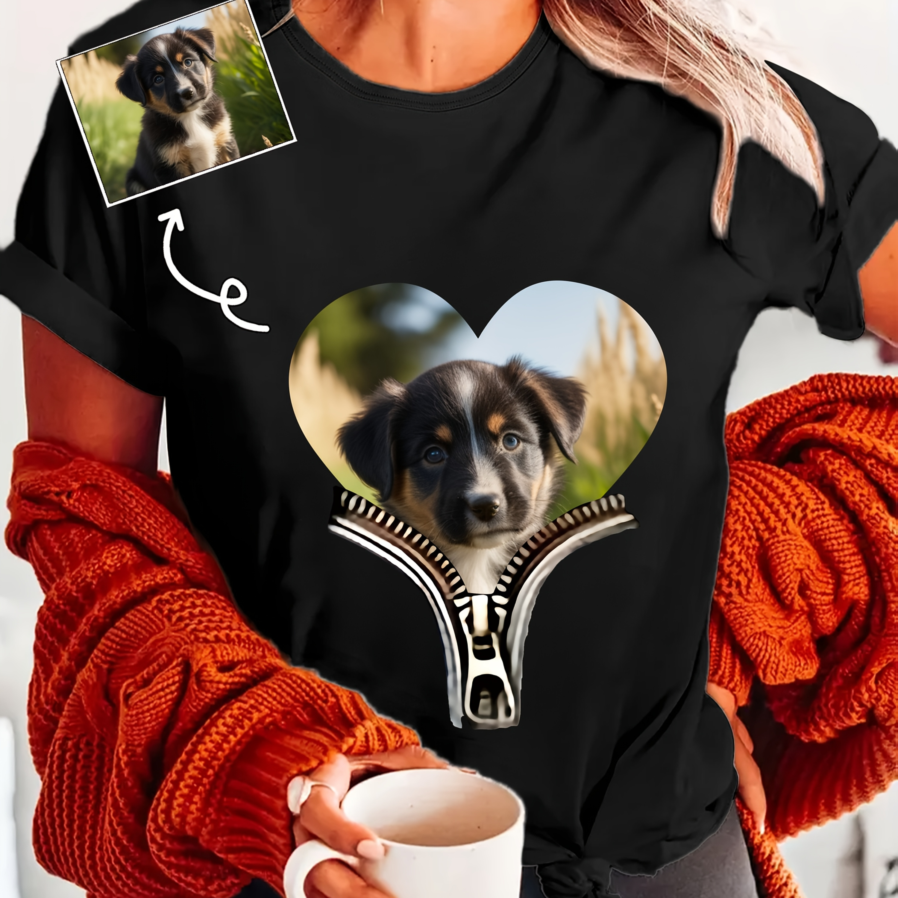 

Custom Love Photo Zipper Print T-shirt For Women - Casual Round Neck, Short Sleeve, Polyester & Elastane , Machine Washable - Ideal Gift To , Custom T Shirt