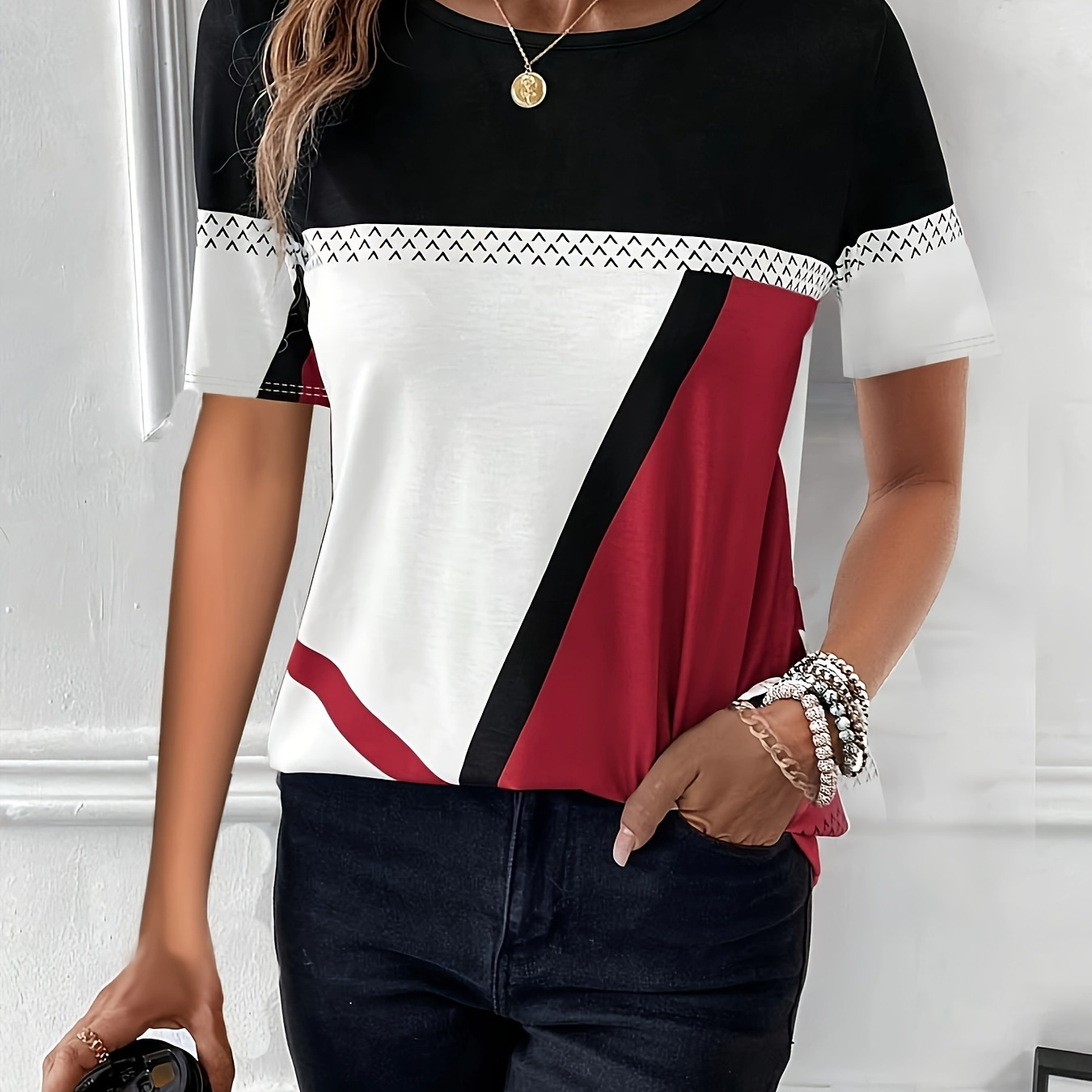 

Color Block Crew Neck T-shirt, Casual Short Sleeve T-shirt For Spring & Summer, Women's Clothing