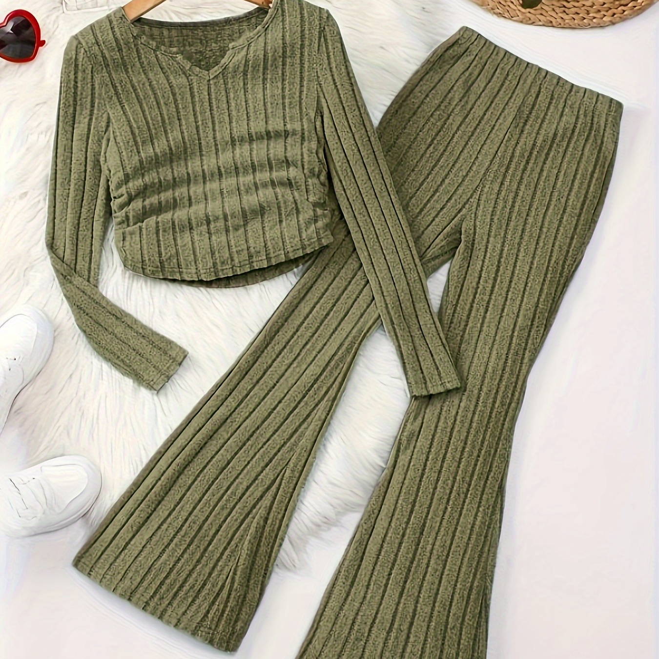 

Stretchy Ribbed Outfits 2pcs Girls Elegant Sets For Party Gift Everyday