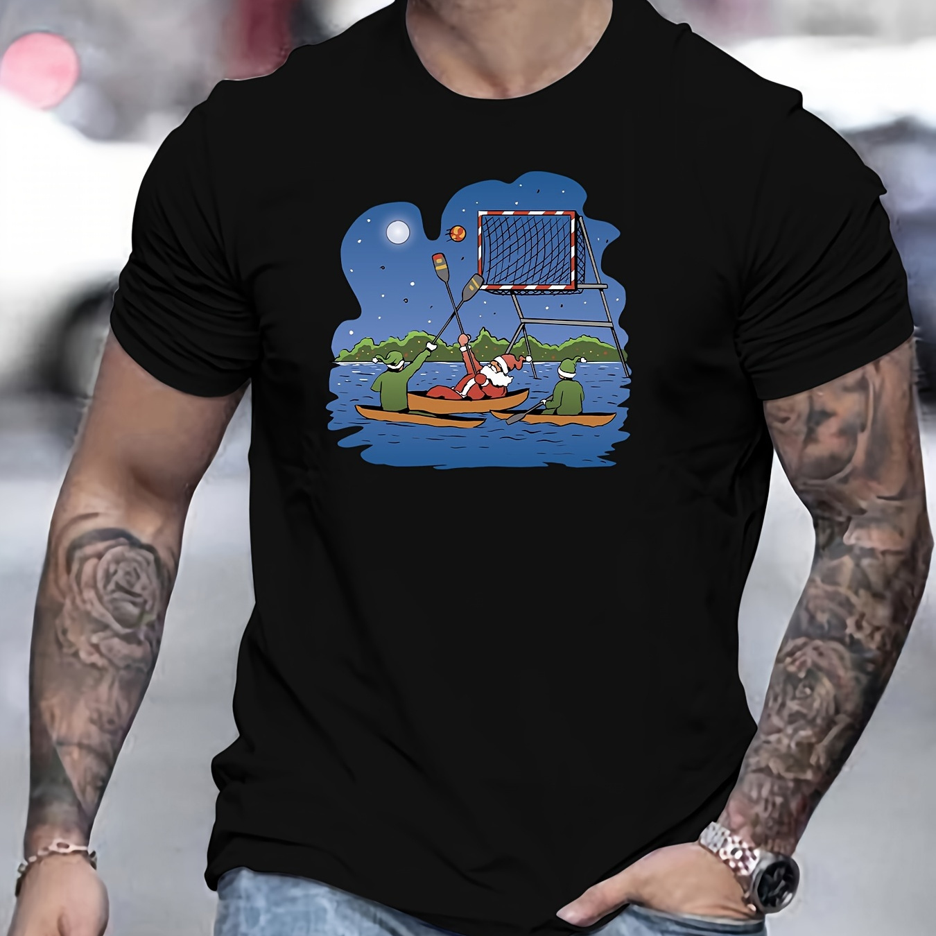 

Funny Santa Kayaking Illustration Print Men's Cotton T-shirt, Casual Short Sleeve Crew Neck Top, Men's Summer Clothing