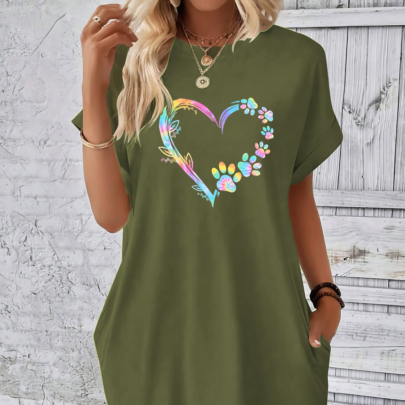 

Paws & Heart Print Tee Dress, Short Sleeve Crew Neck Casual Dress For Summer & Spring, Women's Clothing