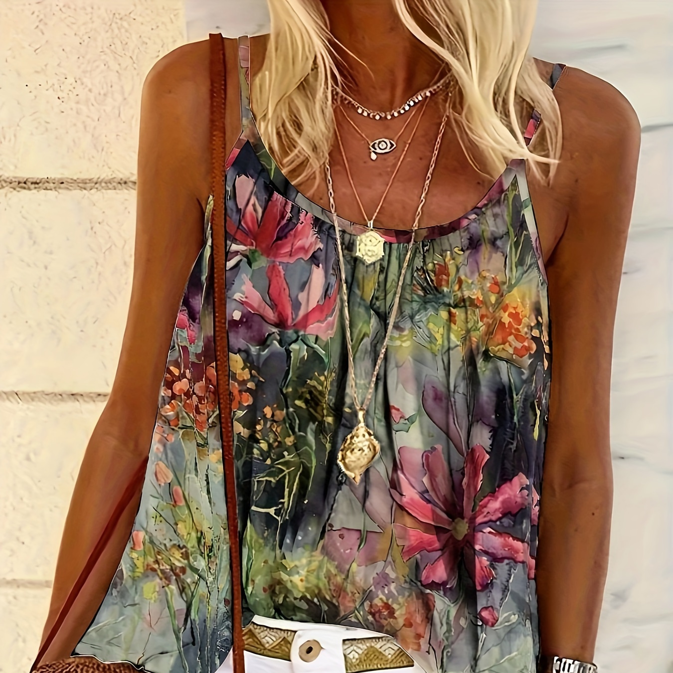 

Floral Print Spaghetti Strap Tank Top, Casual Sleeveless Crew Neck Backless Top For Spring & Summer, Women's Clothing