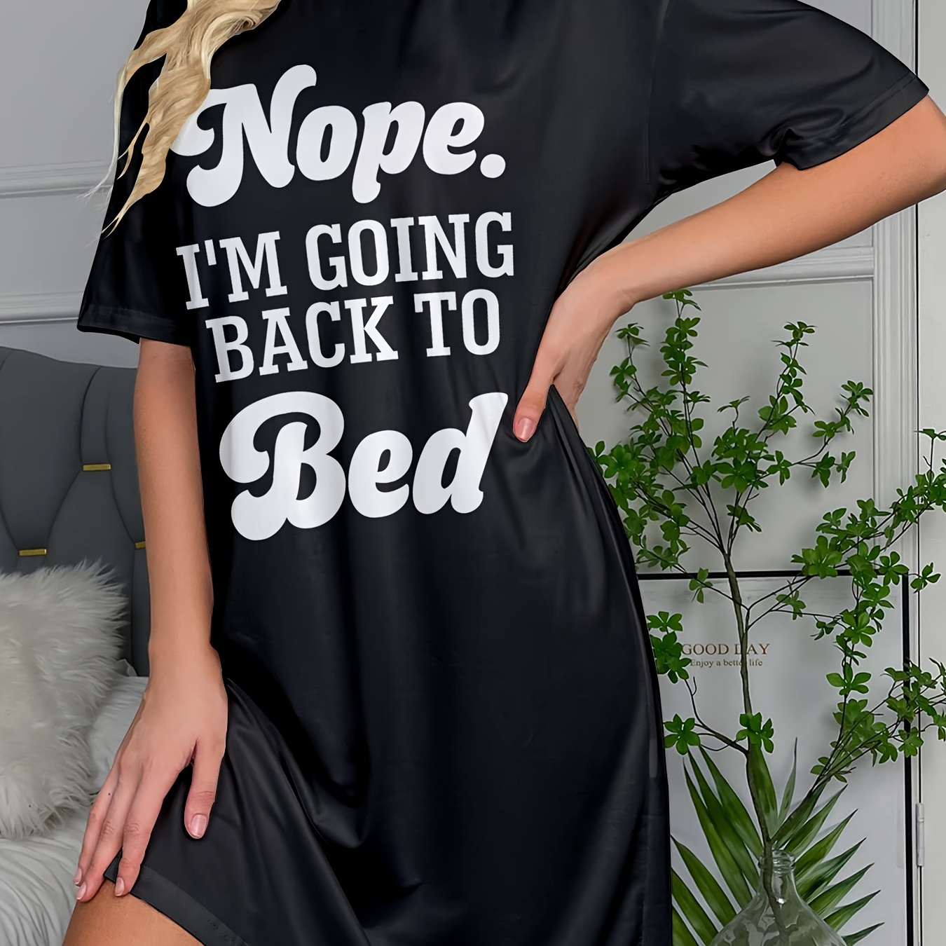 

Slogan Print Nightgown, Casual Short Sleeve Round Neck Loose Fit Tee Dress, Women's Sleepwear