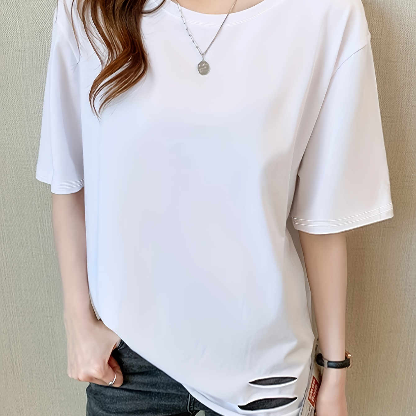 

Solid Color Crew Neck T-shirt, Casual Cut Out Short Sleeve Top For Spring & Summer, Women's Clothing