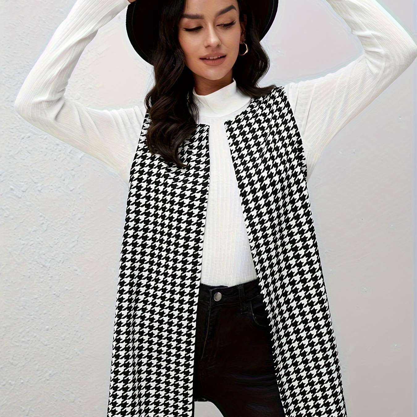 

Elegant Houndstooth Knit Vest For Women - Polyester And Elastane Blend, Cardigan Collar, Sleeveless Coat Style, Versatile For All Seasons