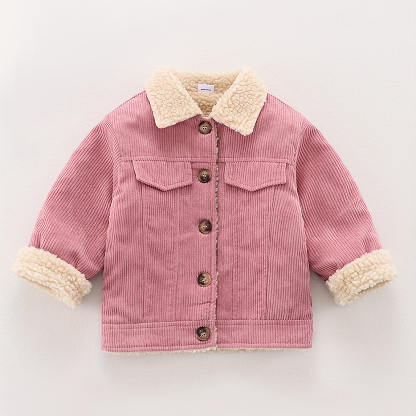 Toddler Girl Lapel Collar Fuzzy Fleece Lined Splice Button Design Coat