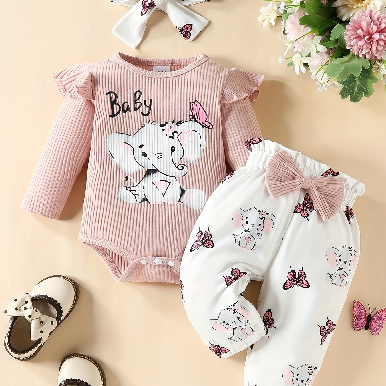 

3pcs Cute Elephant Butterfly Graphic Long Sleeve Triangle Romper & Bow Pants & Free Headband Set, Baby Girl's Lovely Casual Outfits Of Multicolor Options