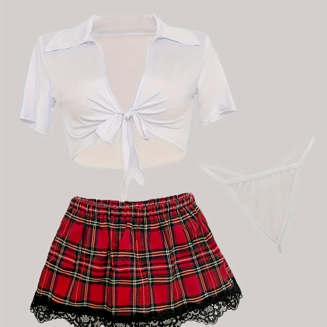 

Naughty Uniform Role Play Costumes, Plaid Skirt Knot Front Short Sleeves Intimates Top & V String Thong & Plaid Lace Skirt 3-piece Set, Women's Sexy Lingerie & Underwear