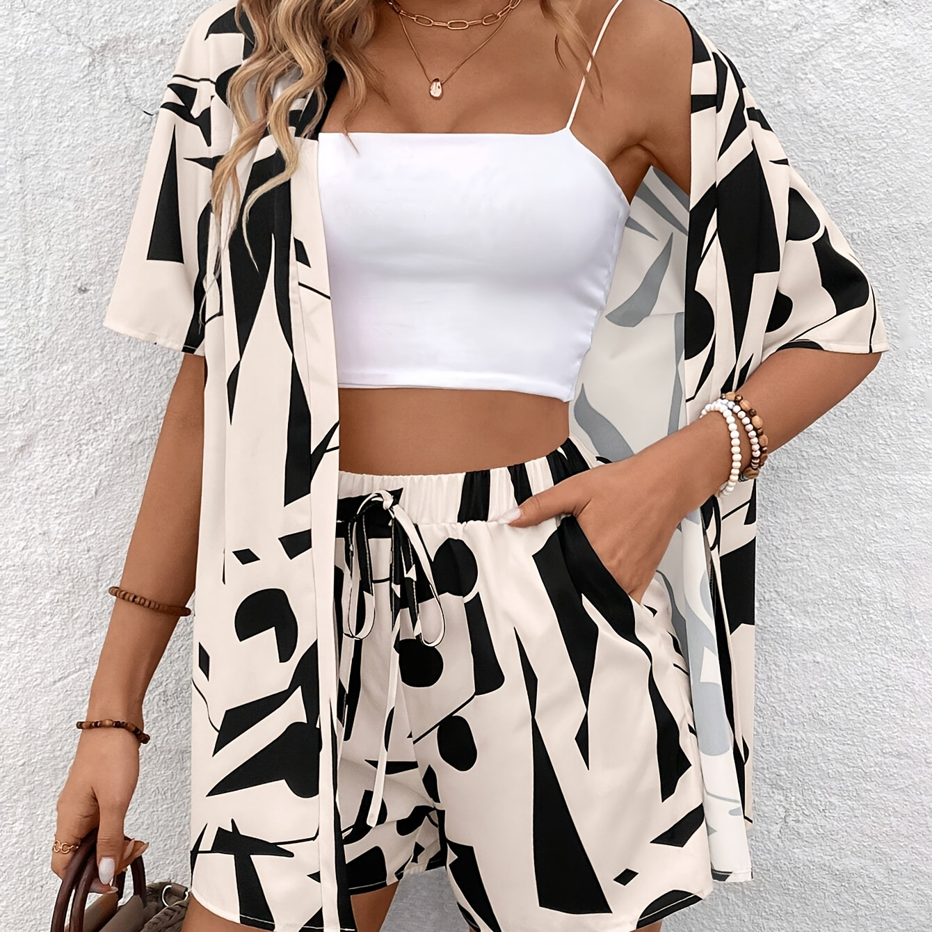 

Geo Print Short Set, Open Front Short Sleeve Cover Up & Tied Waist Loose Shorts For , Women's Clothing