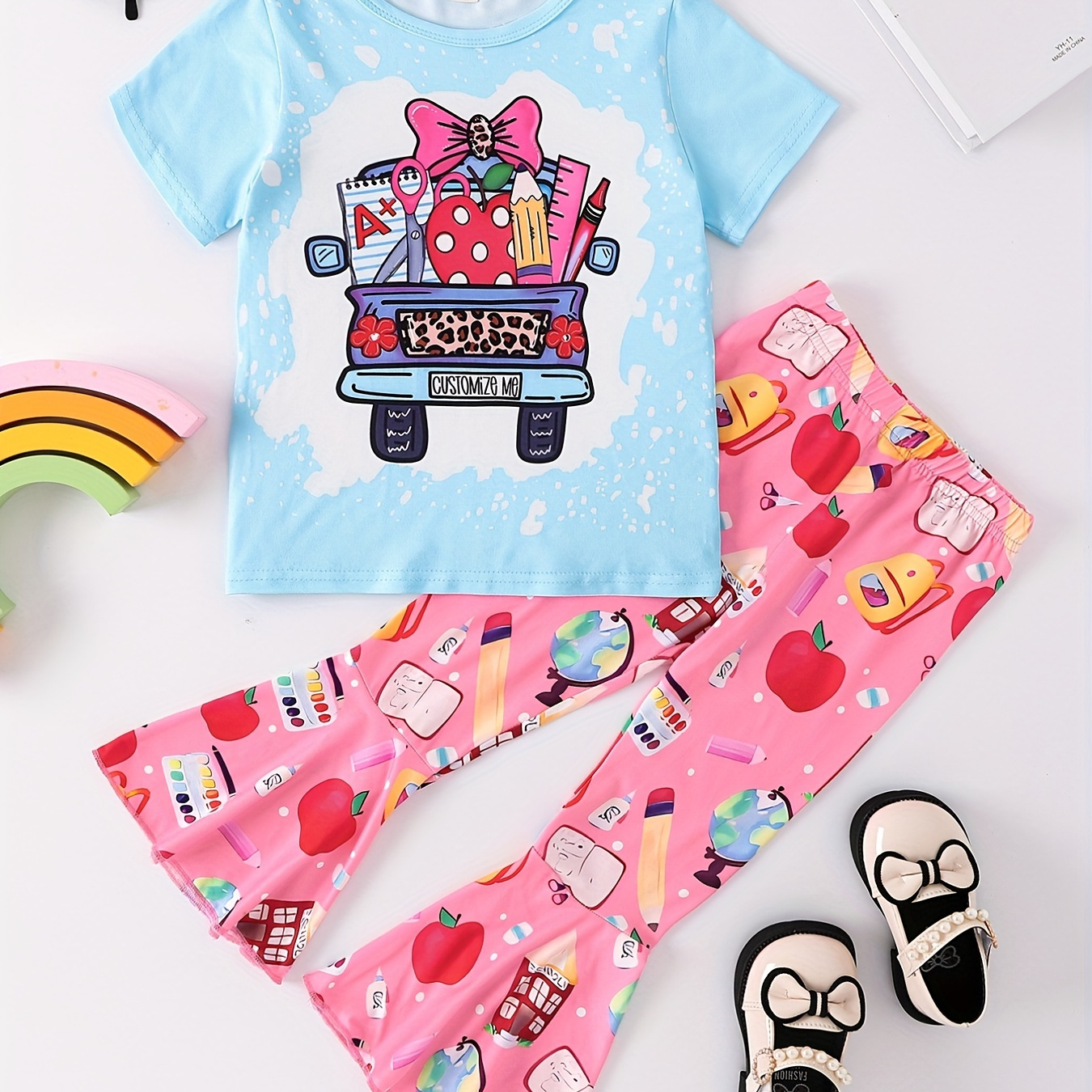 

Toddler Girl's Cartoon Stationery Pattern 2pcs, T-shirt & Flared Pants Set, Back To School Style Casual Outfits, Kids Clothes For Spring Summer