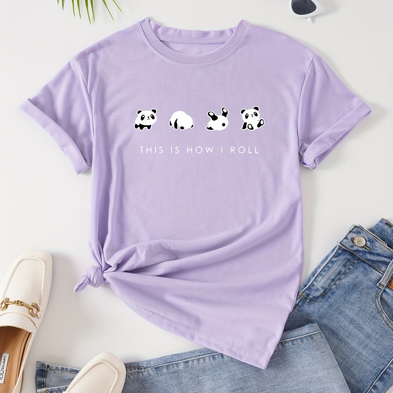 

Cute Cartoon Panda T-shirt, Short Sleeve Casual Top For Summer & Spring, Women's Clothing