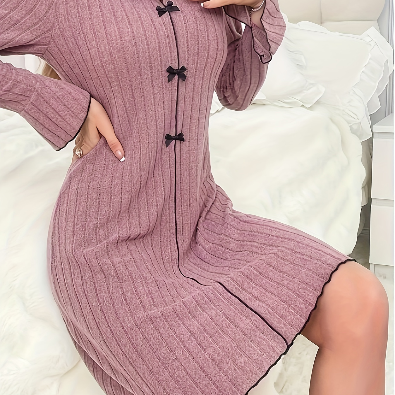 

Elegant V-neck Knit Sleeping Gown With Bow Detail, Long Sleeve, Solid Color, Polyester, Adult, Autumn/winter Collection