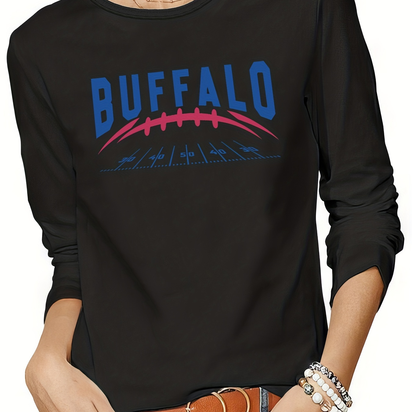 

Buffalo Letter Print T-shirt, Casual Crew Neck Long Sleeve Top, Women's Clothing