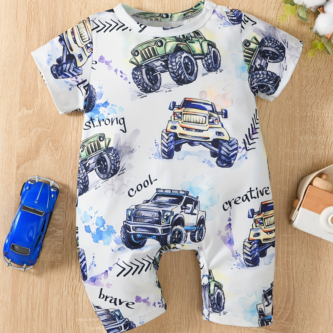 

Infant's Watercolor Truck Allover Print Bodysuit, Comfy Short Sleeve Onesie, Baby Boy's Clothing