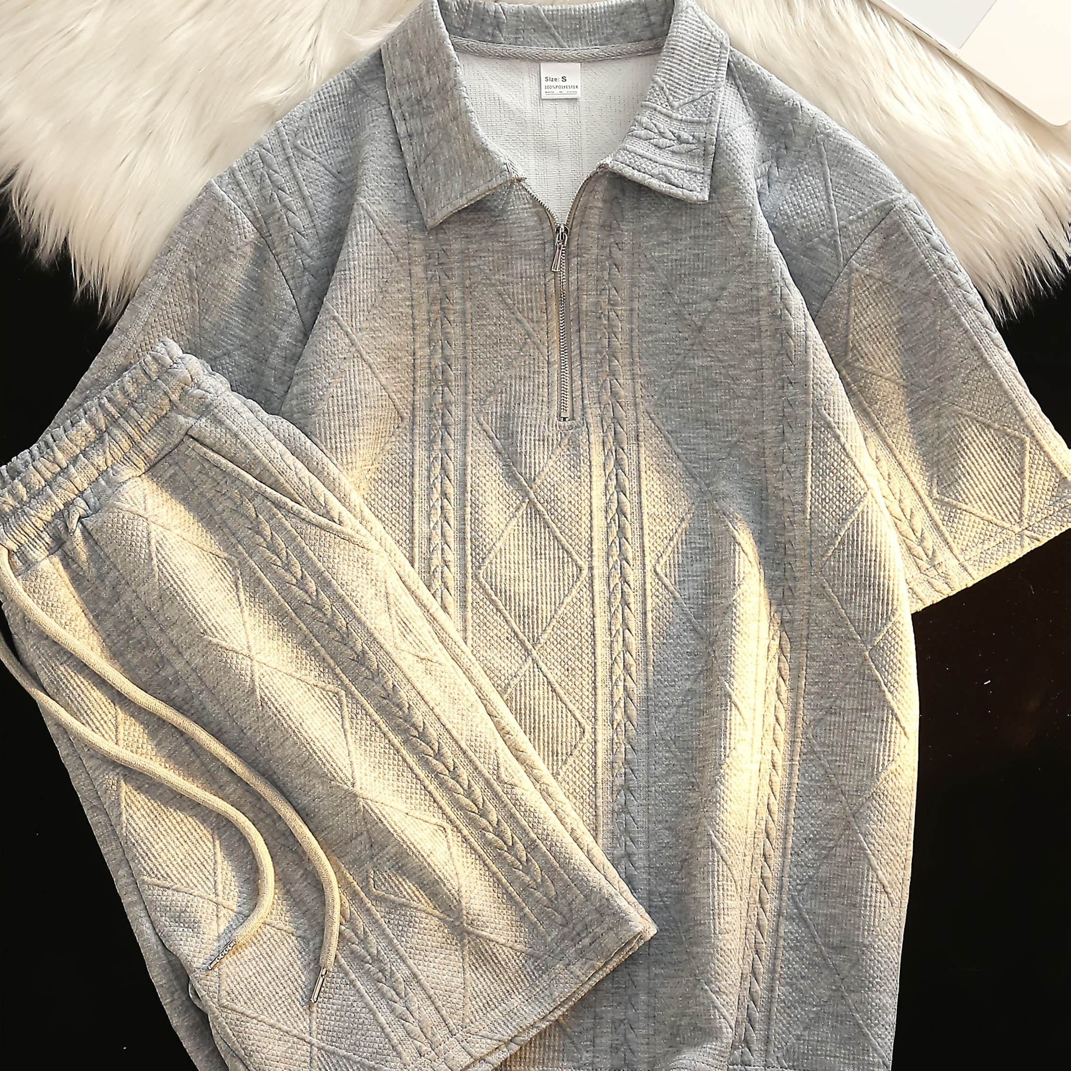 Retro Style 2pcs Men's Casual Summer Outfit Suits, Geometric Pattern Design Short Sleeve Lapel Shirt Top And Shorts Suit