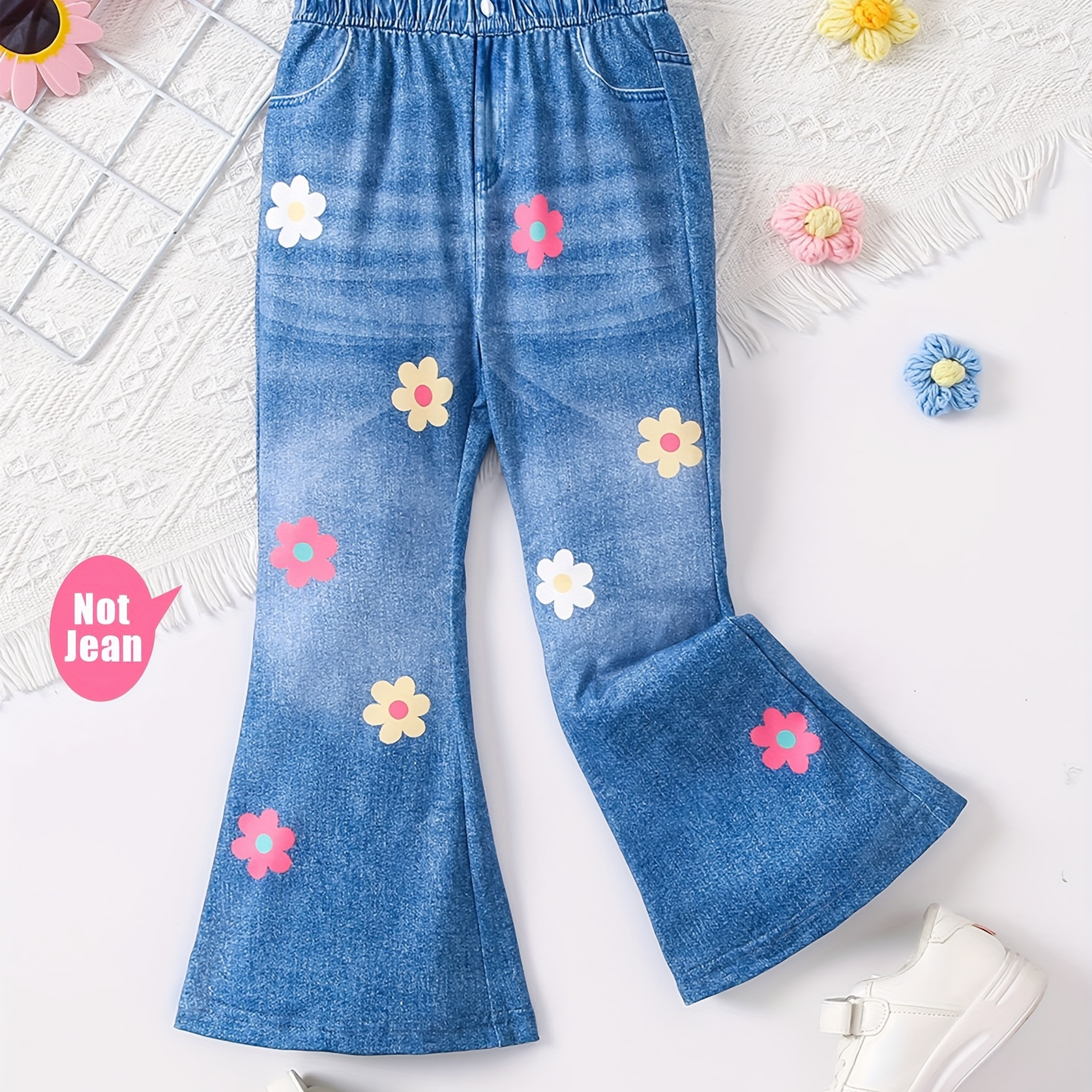 

Cute Flower Design Imitation Denim Print Flare Pants For Girls All Seasons Gift Party