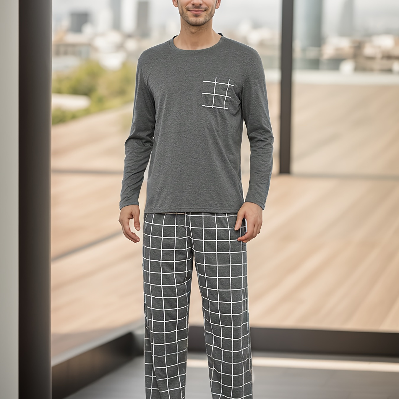 

2 Pcs Men's Gray Plaid Pocket Round Neck Long Sleeve & Plaid Trousers Pajama Set, Comfortable & Skin-friendly Style Pajamas For Men's Cozy Loungewear